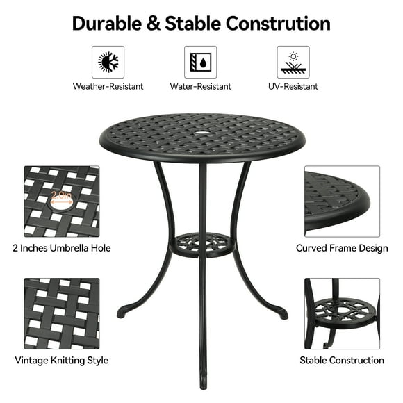GloryStar 24" Patio Bistro Table, All-Weather Cast Aluminum Coffee Table with Umbrella Hole for Balcony, Garden, or Deck
