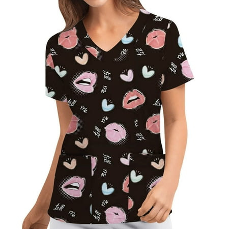 

Summer Tops for Women 2022 Fitted Nursing Scrubs for Women with Print Short Sleeve Summer Tops V Neck Shirts Graphic Tees Causal Work Workwear