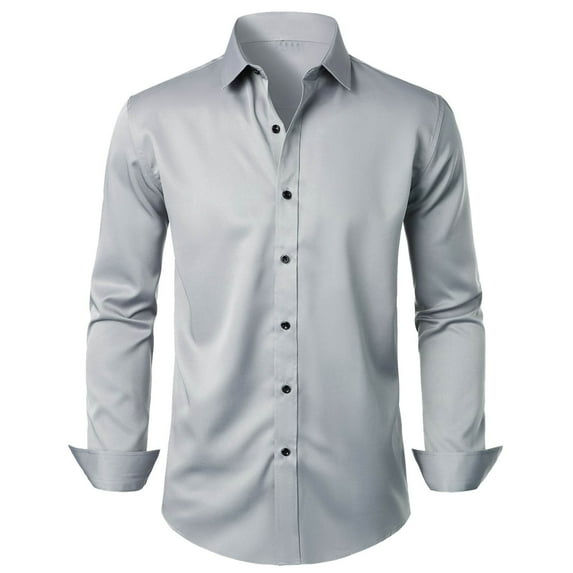Men Dress Shirt Long Sleeve Button Down Solid Color Lapel Collar Business Casual Summer Lightweight Blouse S