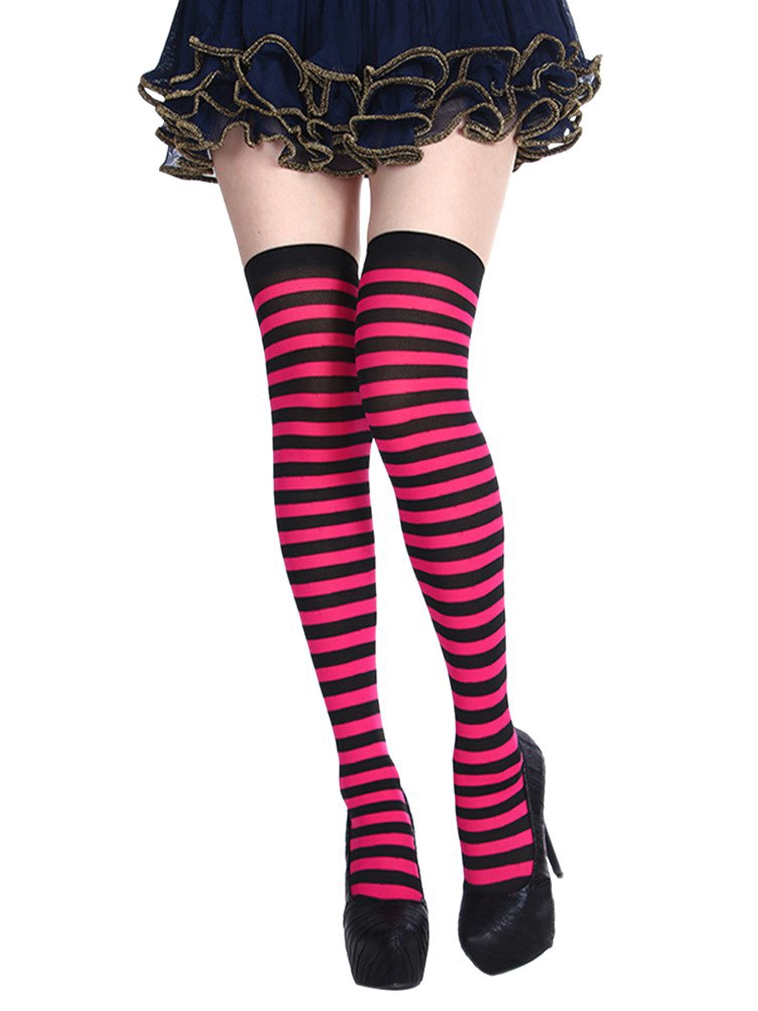 Angelique Womens Striped Nylon Thigh High Stockings Hosiery Costume Tights