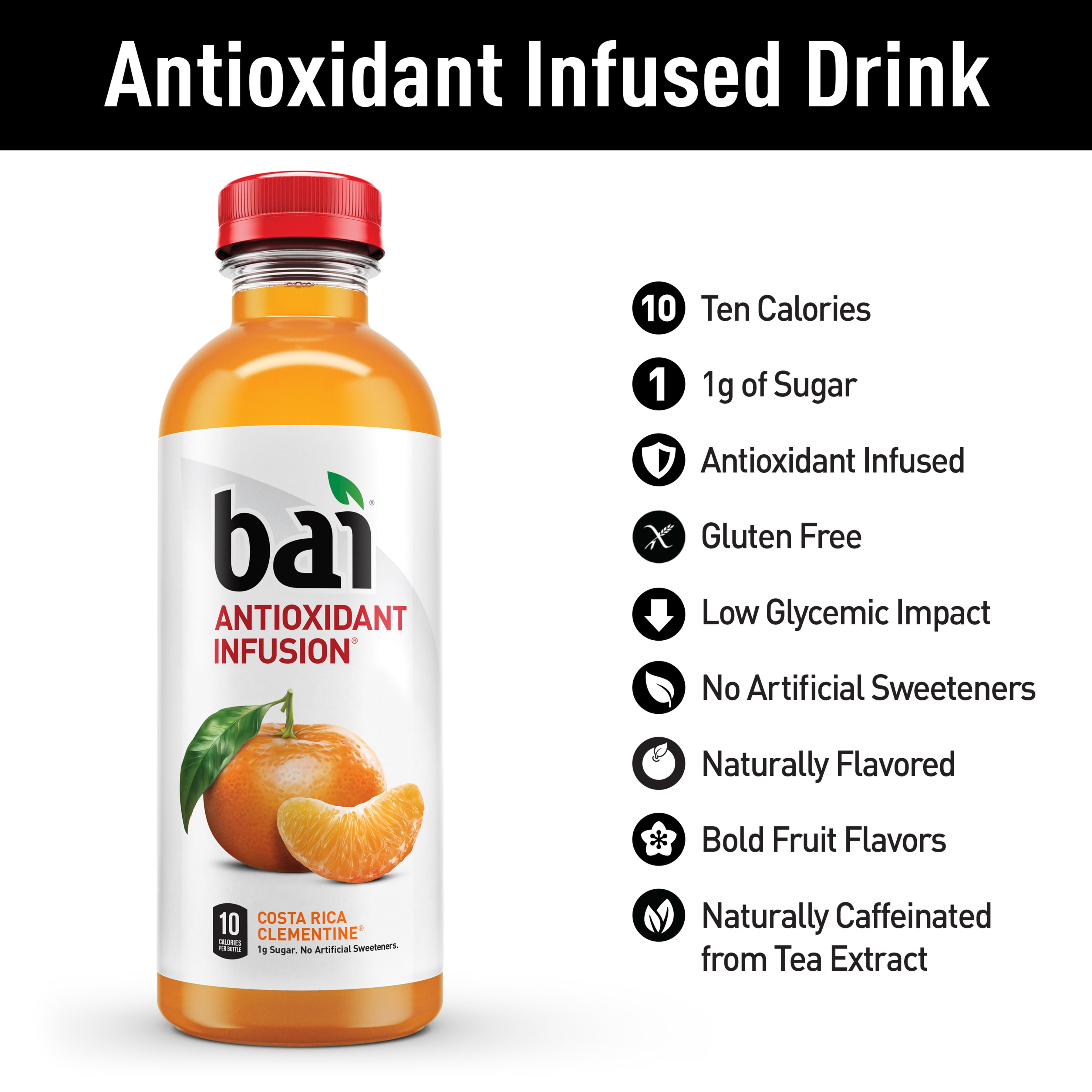 Bai Gluten-Free, Costa Rica Clementine, Antioxidant Infused Drink, 18 Fl Oz, 12 Pack Bottles