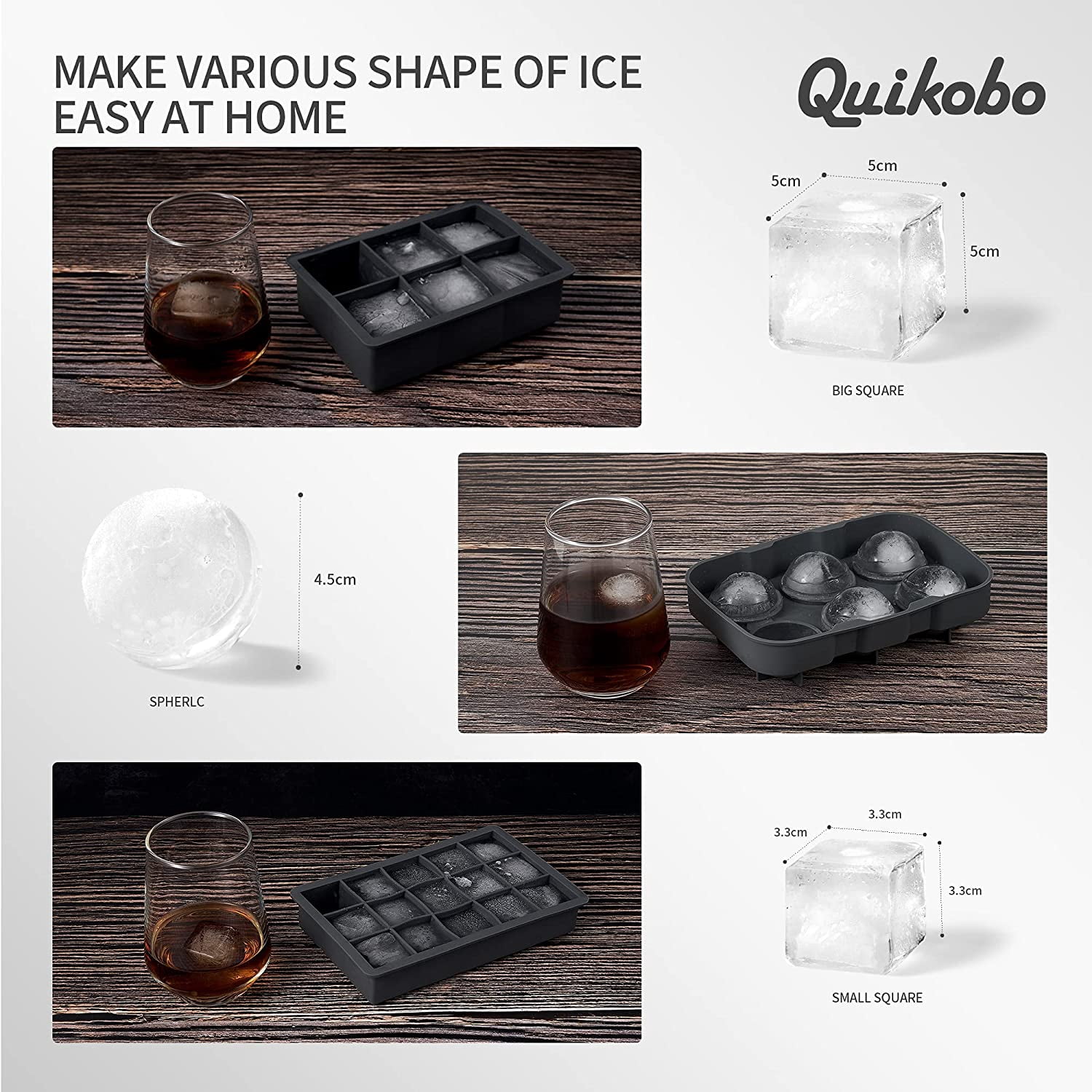 Ice Cube Tray, Ice Trays for Freezer with Lid, 3 Pack Silicone Large Round Ice Cube Tray, Sphere Squarecomb Ice Trays for Whiskey with Covers&Funnel,Reusable Ice Cube Trays BPA-Free Gray