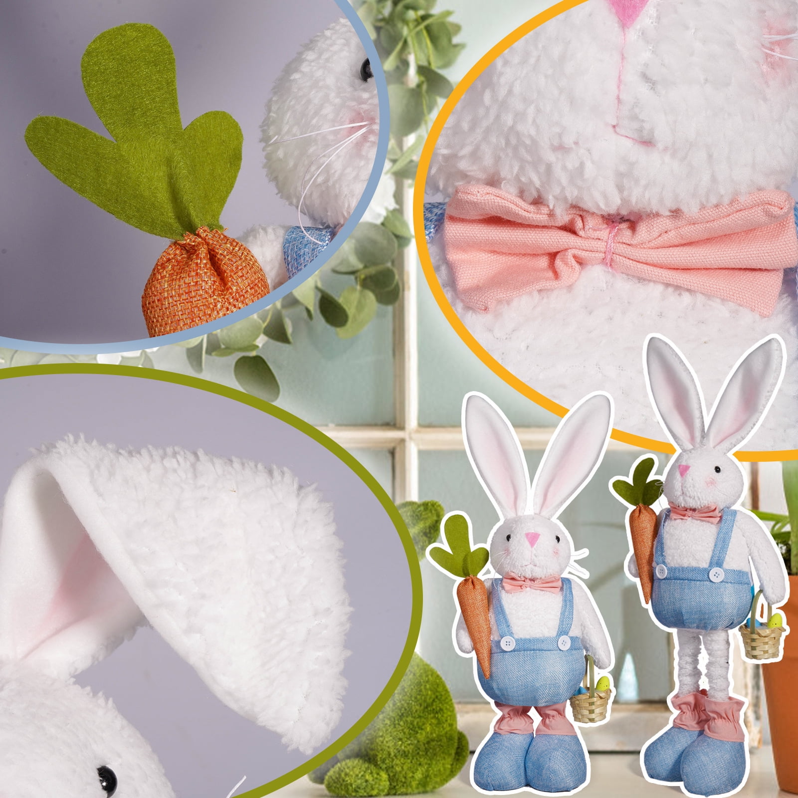 Easter Bunny Telescopic Leg Doll Holding Radish Basket Cute Plush Doll Ornament,Easter Bunny Plush Decorations Easter Bunny Stuffed Animal Cute Rabbit Plush Easter Basket Stuffers Gifts