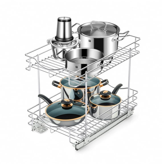 Fulgente 11"W x 18"D x 15.12''H 2-Tier Wire Pull Out Cabinet Drawer Basket Chrome Finish Heavy Duty Professional Cupboard Organizer and Storage Fits 12 Inch Wide Cabinet Openings