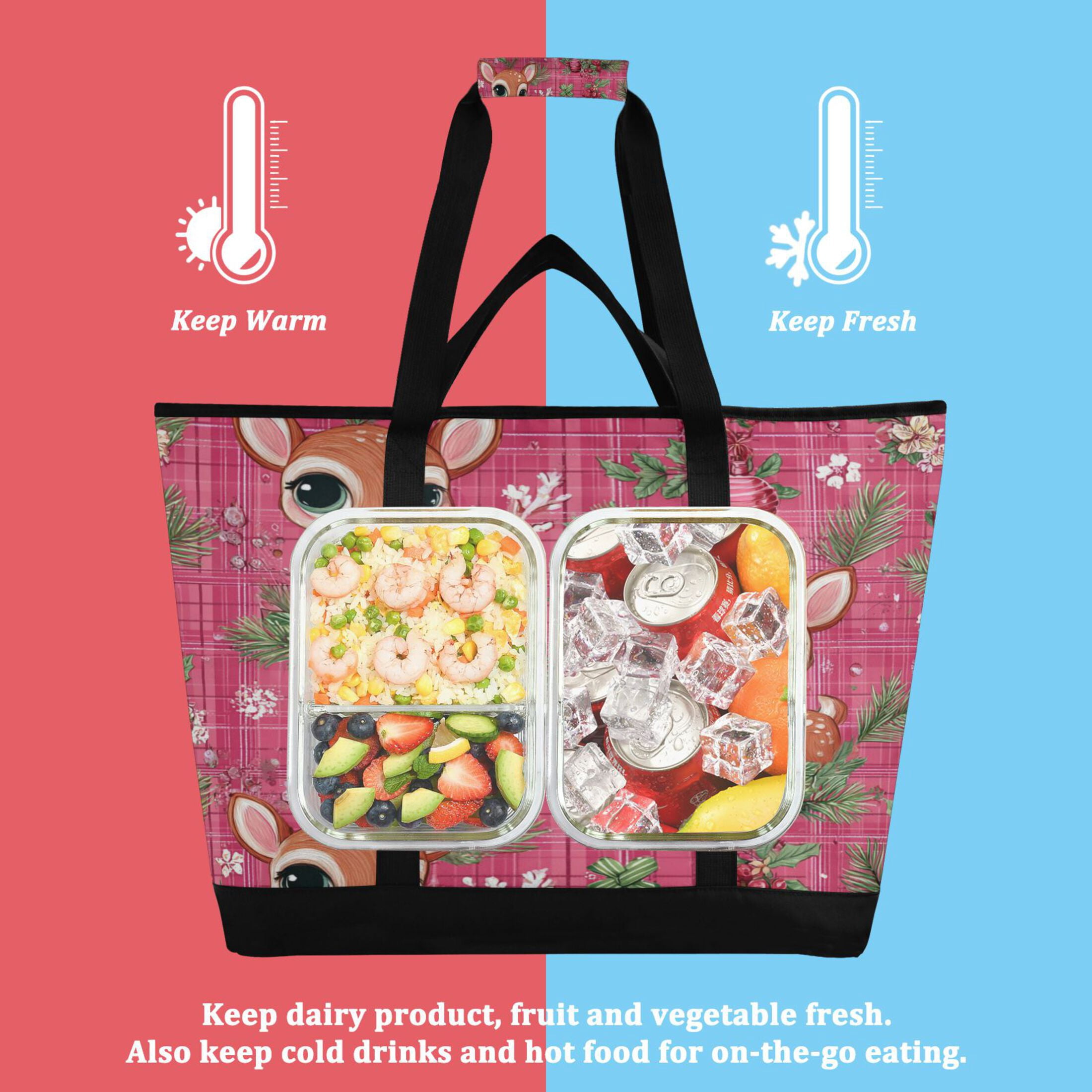 Extra-Large Wide Opening Design Capacity Hand-Held Ice Pack Thickened Insulation Layer For Long-Lasting Cold Retention For Outdoor Shopping Picnics And Camping Cute Adorable Baby Deer