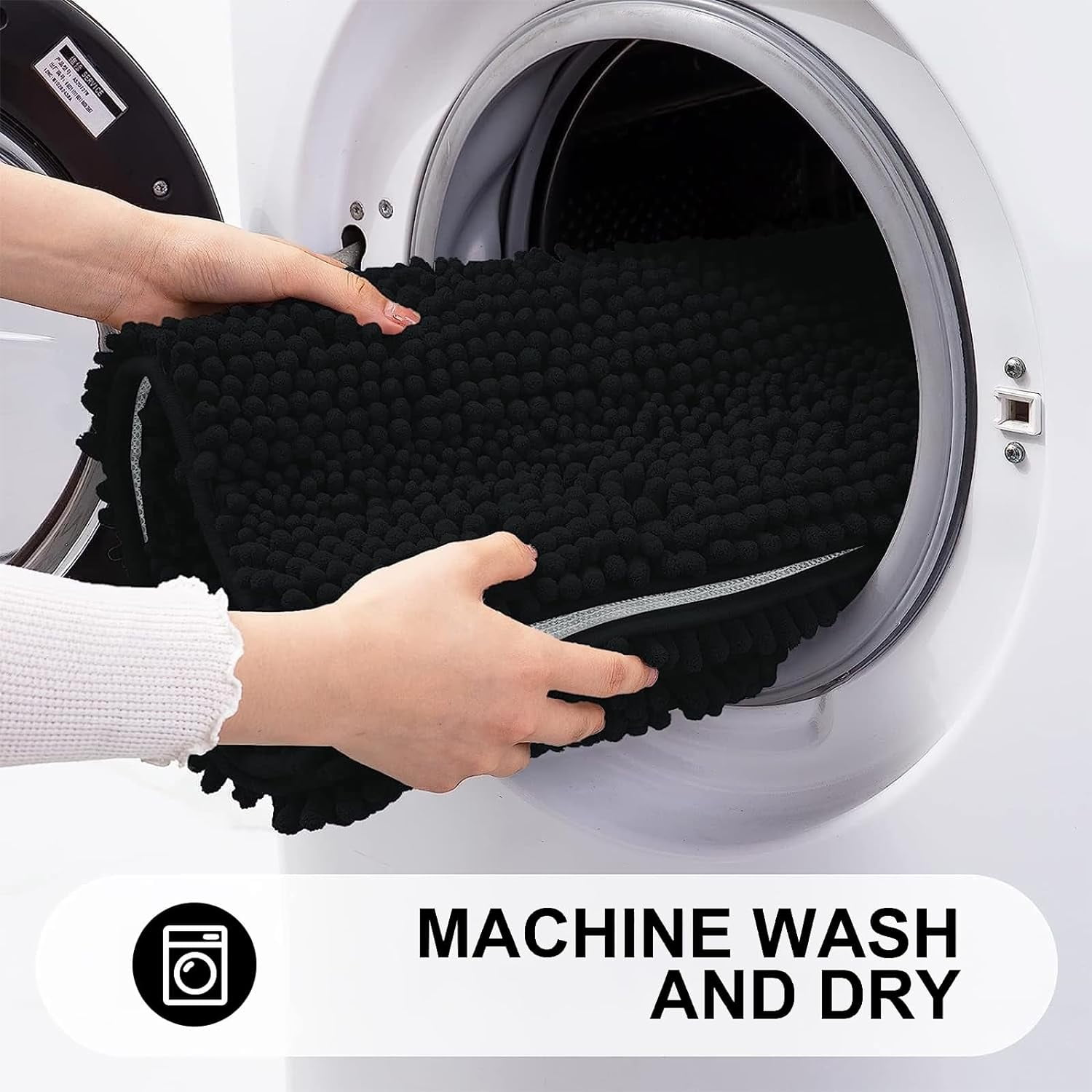 Chenille Striped Bathroom Rugs 24x16, Extra Thick and Absorbent Bath Rugs, Non-Slip Soft Plush Shaggy Bath Carpet, Machine Wash Dry, Bath Mats for Bathroom, Black