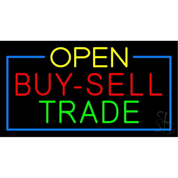 Yellow Open Buy Sell Trade Blue Border LED Neon Sign 13 x 24 - inches, Black Square Cut Acrylic Backing, with Dimmer - Bright and Premium built indoor LED Neon Sign for Pawn shop, and storefront.