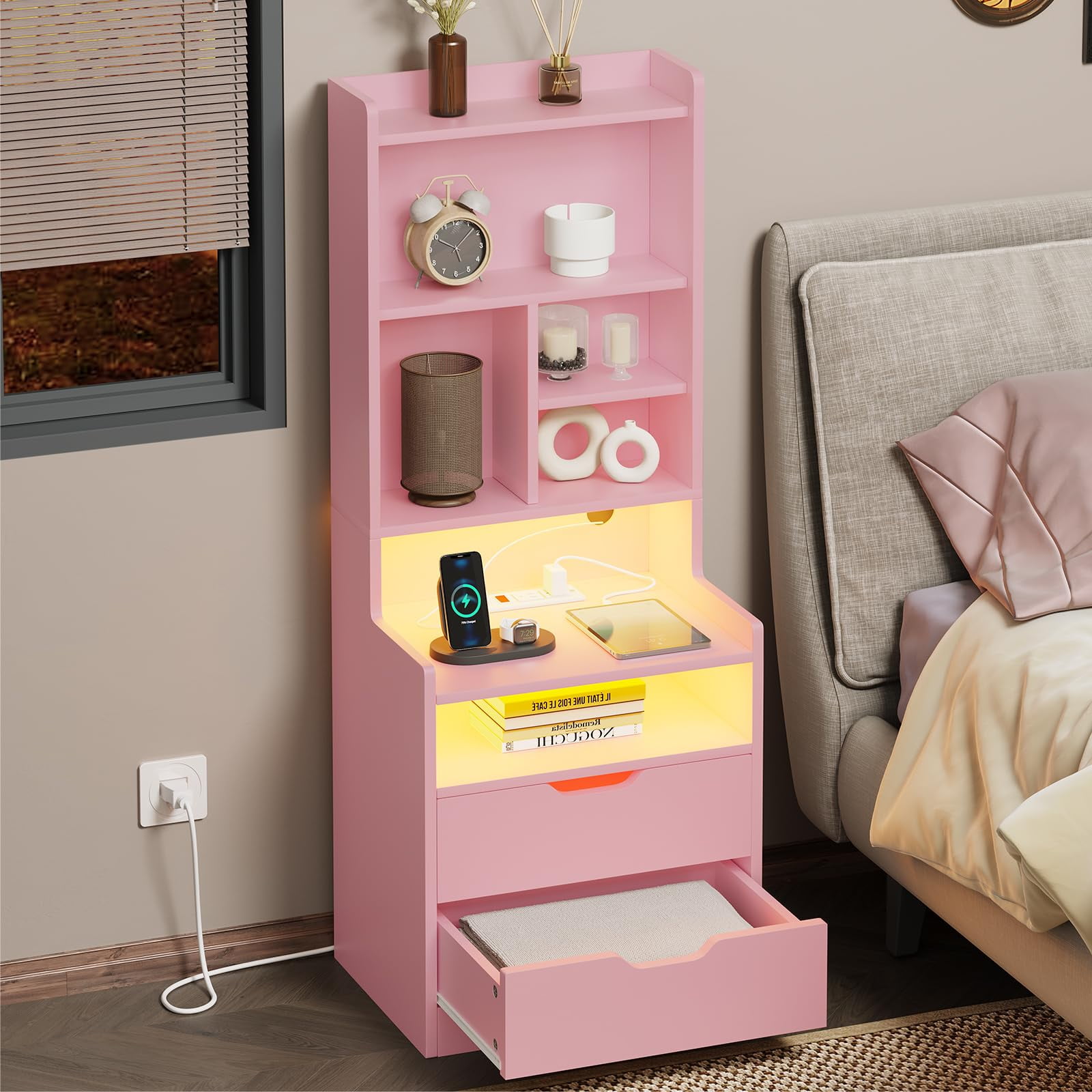 Tall Nightstand with Charging Station and LED Lights,Nightstand with Bookshelf,Bedside Table with Drawers & Power Outlets,End Side Table,Pink