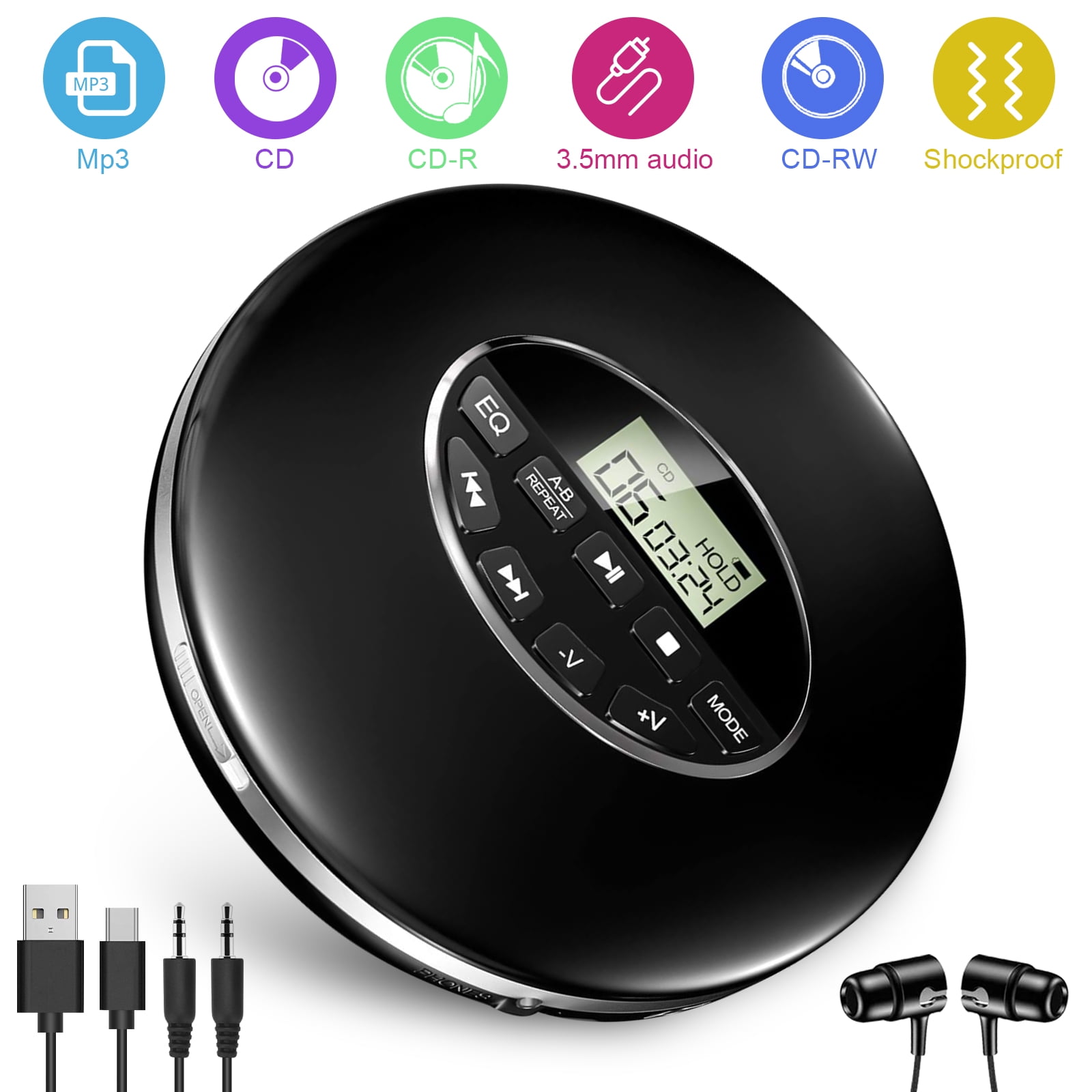 Portable CD Player CD-R Mini Rechargable Disc Music Player with LCD Display Support MP3 CD 1# CD-RW for Travel 