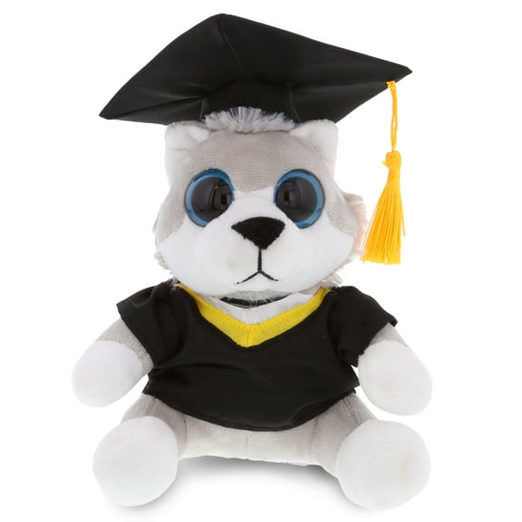 DolliBu Big Eye Wolf Graduation Plush Toy - Soft Graduation Stuffed Animal Dress Up with Gown & Cap with Tassel Outfit - Cute Congratulatory Graduation Gift - 6 Inches