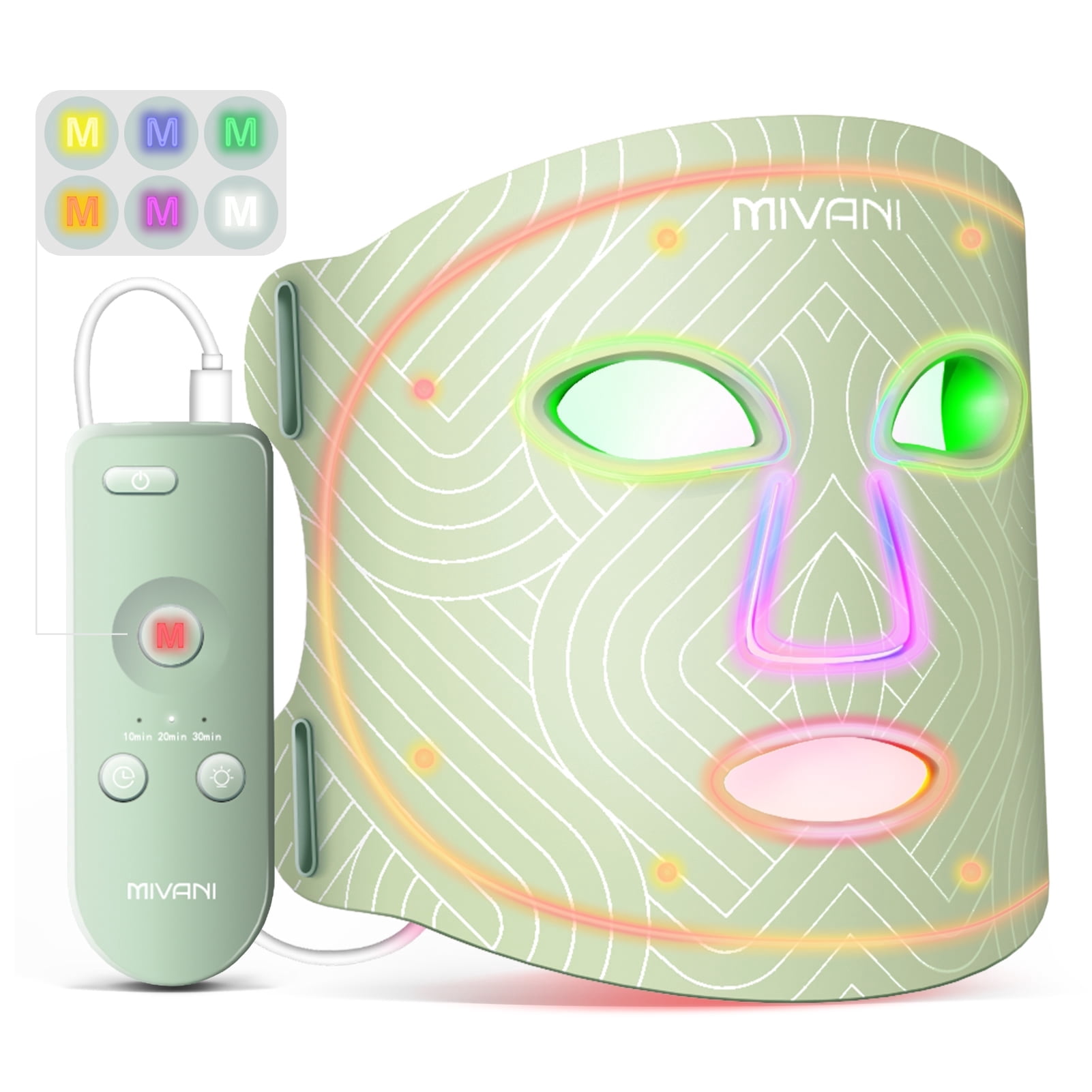 MIVANI LED Face Mask Light Therapy 7 Colors 8 Modes Portable Red Light Therapy for Face with Near-Infrared Light 368 LEDs for Anti-Aging Rechargeable Remote Lightweight for Home & Travel (Green)