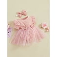 thumbnail image 4 of Musuos Baby Girl Valentine's Day Jumpsuit with Bow Headband 3 6 12 18 24M Short Sleeve Tulle Mesh Ribbed Patchwork Romper Dress, 4 of 10