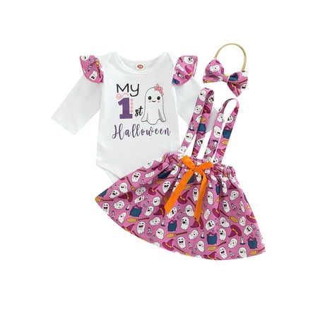 

Gureui Toddler Infant Baby Girls Halloween Outfits Letter Ghost Print Fly Sleeve Romper + Cartoon Print Suspender Skirt + Bow Headband 3 Pcs Clothes Set