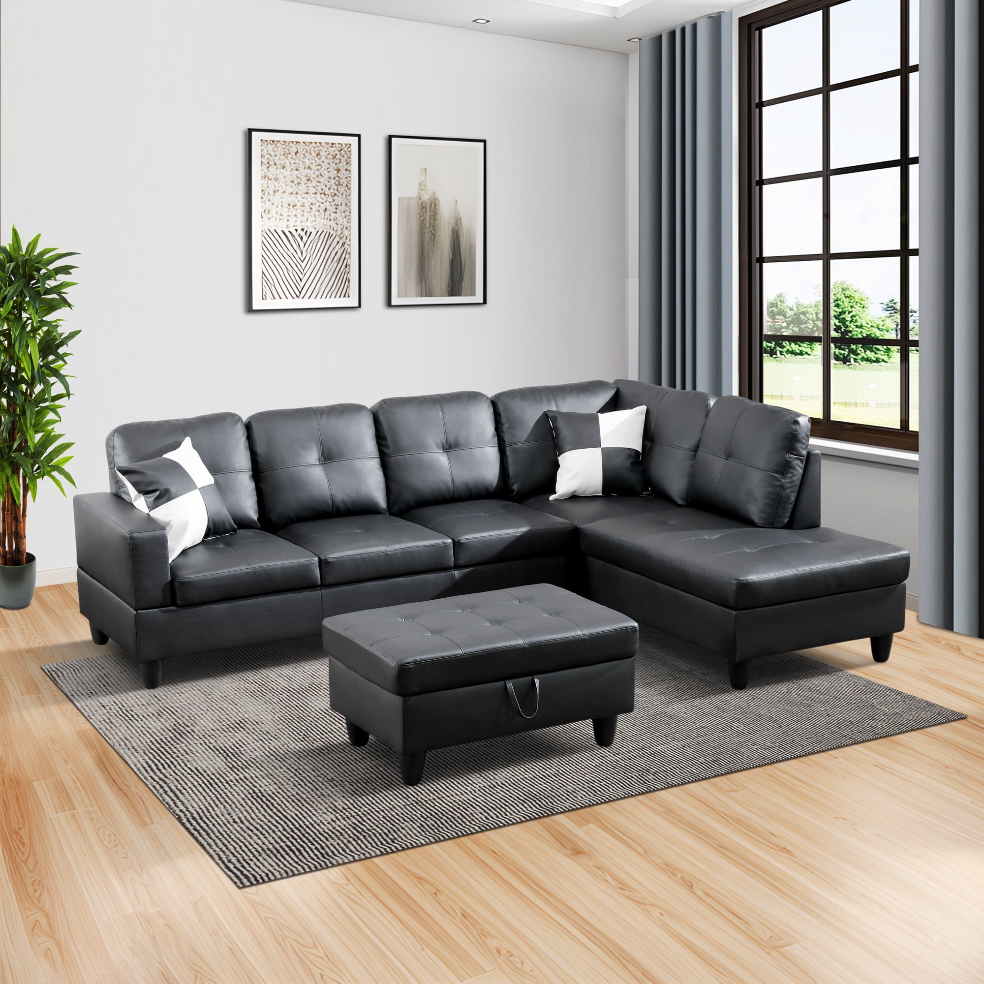 Prilinex L Sofa Couch, Modern 4-Seaters Living Room Furniture Sets with Chaise Lounge, Ottoman & 2 Pillows, Faux PU Leather for Living Room/Apartment/Office/Bedroom, Black
