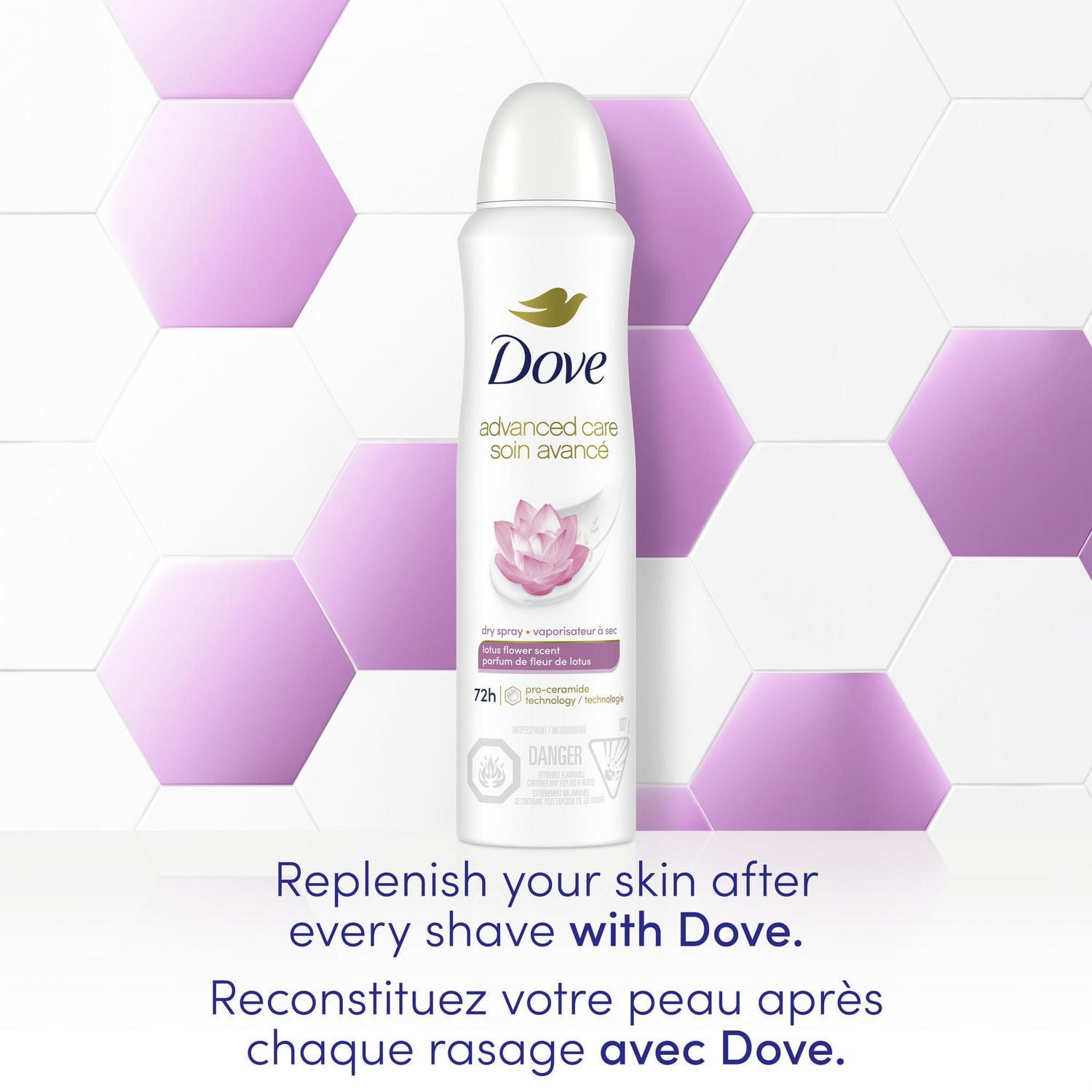 Dove Advanced Care Antiperspirant Dry Spray for Women with Pro-Ceramide Technology Lotus Flower Scent for Soft, Resilient Skin, 107g