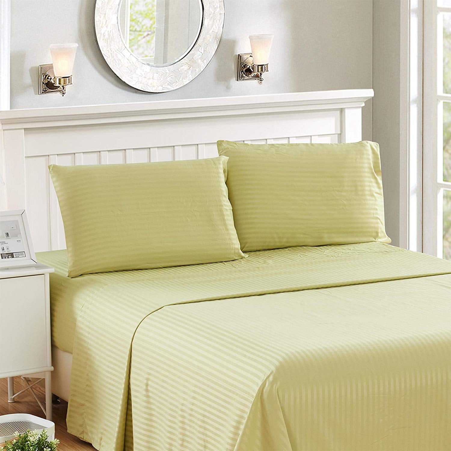 Stripes Bed Sheet Set (Full,Green Sage) 4 Pieces Deep Pocket 1800 Series Microfiber Bed Sheet