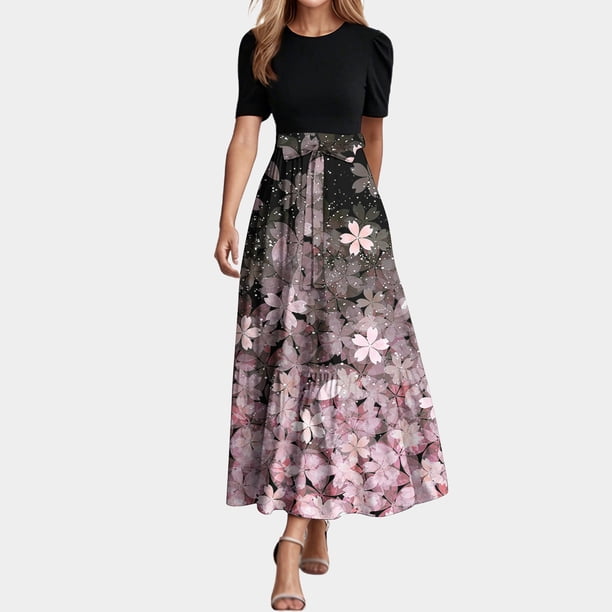 WILLBEST Vestidos de Lino para Mujer Vestidos de Verano para Mujer 2025 Vestido Largo Cruzado de Manga Corta con Estampado Floral Vestido de Línea A con Dobladillo con Volantes y Retazos Extra Grande