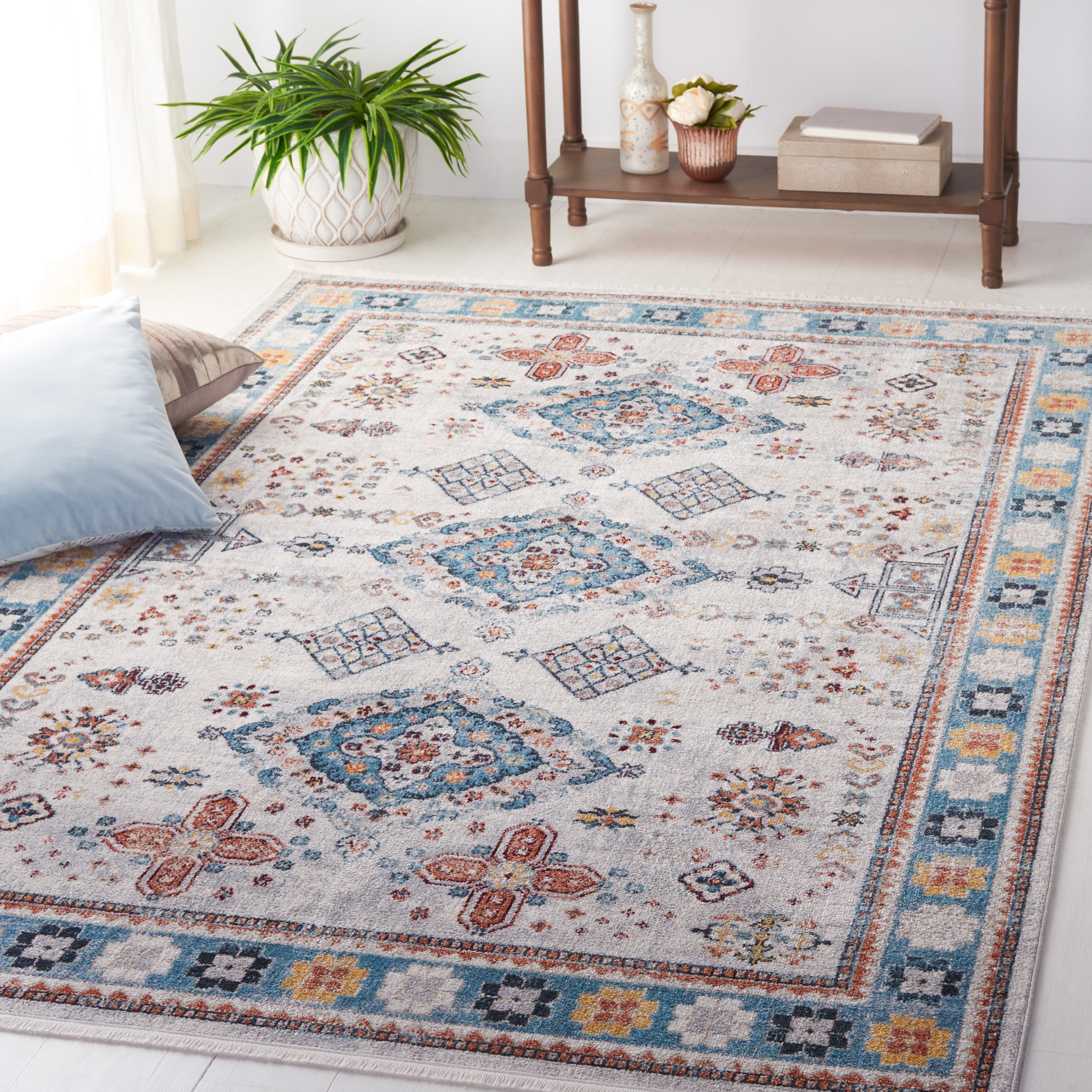 SAFAVIEH Bayside Bruno Oriental Polyester Machine Washable Area Rug, Gray/Blue, 8' x 10'