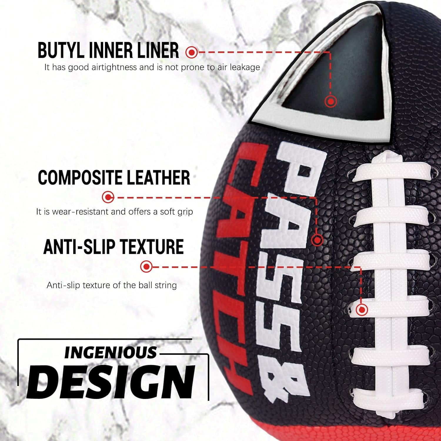 PassCatch Training Football, Peewee Size(Ages 3-9) Kids/Youth (Ages 7-13) Official Size(Ages 13+), Fatherless Bounce Back Leather Football Improving Enhance Solo Passing Catching Skills(Deflated)