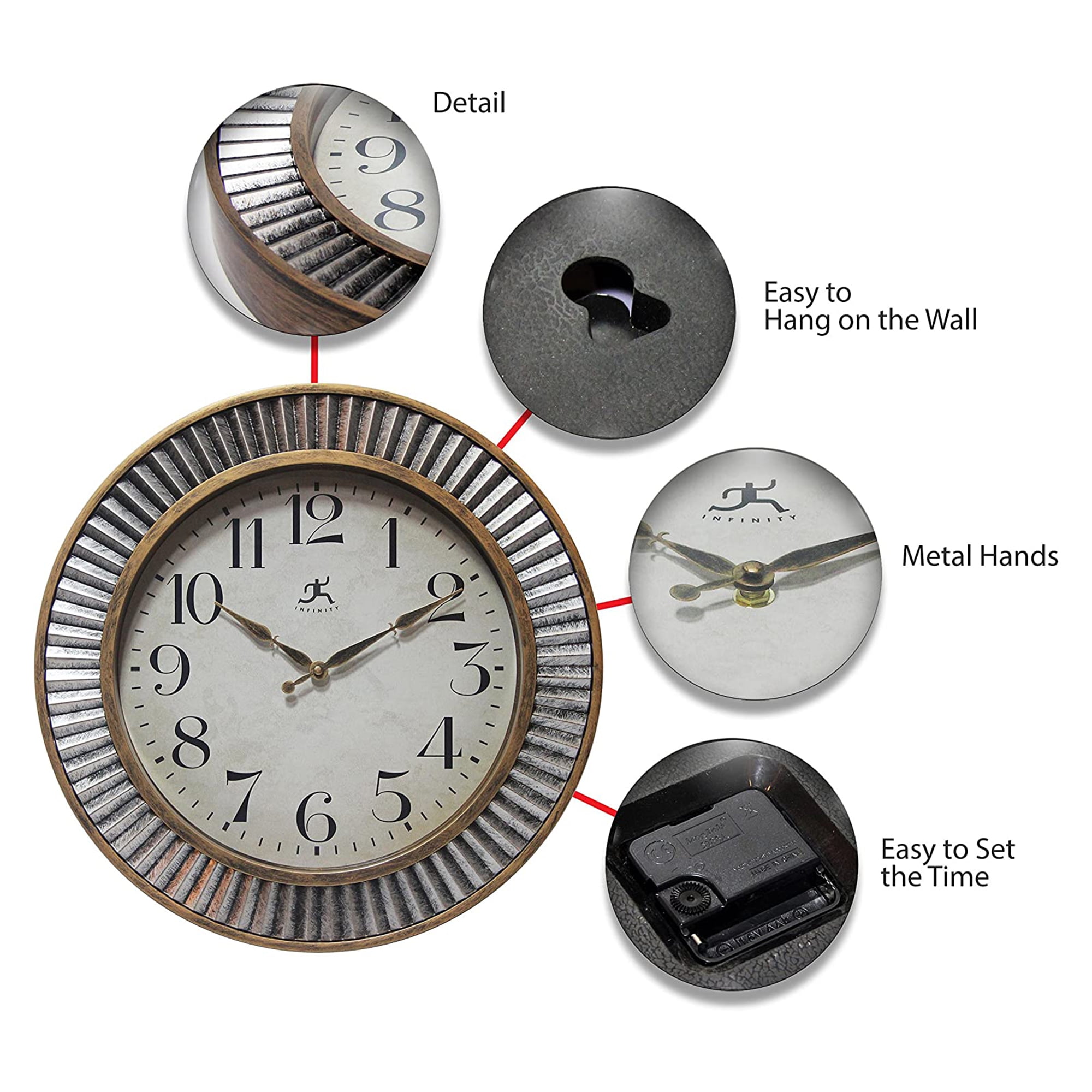 Infinity Instruments 16 Inch Ruche Industrial Metal Wall Clock, Gold and Silver