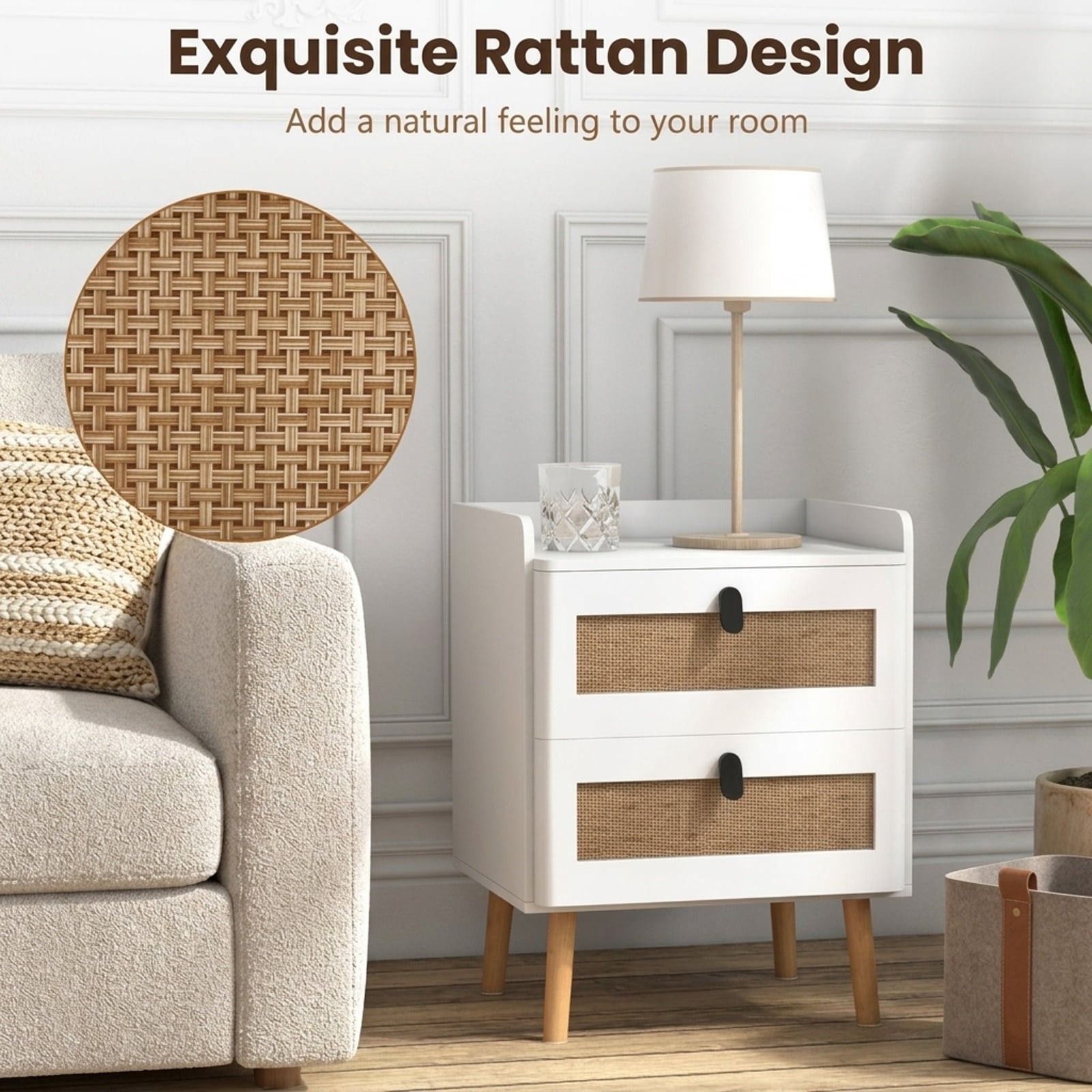 Furnibear Modern End Table Bedside Table with 2 Rattan Decorated Drawers for Bedroom Living Room Bedside Sofa Side Small Space, White