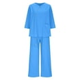 thumbnail image 3 of Fmbrln Womens Plus Size Linen 2 Piece Sets Summer Casual V Neck Button 3/4 Sleeve Tops and Wide Leg Pants Sets Lounge Sets Blue XL, 3 of 5