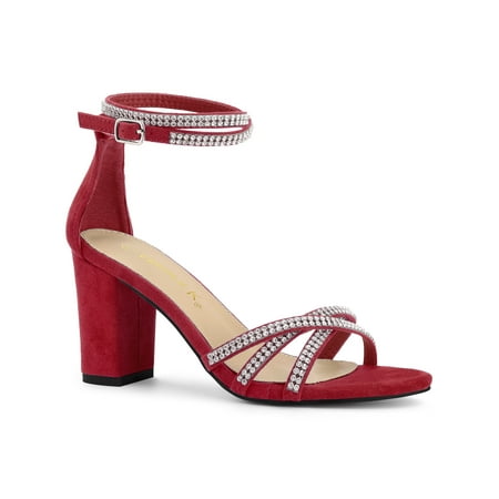 BLISSFUL STEP Women s Shoes Rhinestone Crisscross Strappy Block Heel Faux Suede Ankle Buckle Sandals Red 8