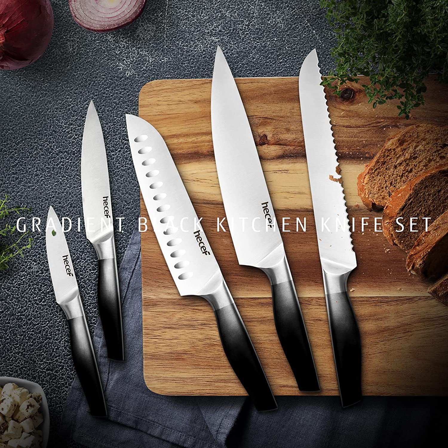  hecef 5 PCS Non-stick Coated Kitchen Knife Set with PP Handle  and Protective Sheath, Exclusive Black Chef knife set, Scratch Resistance &  Rust Proof (Lightning pattern): Home & Kitchen