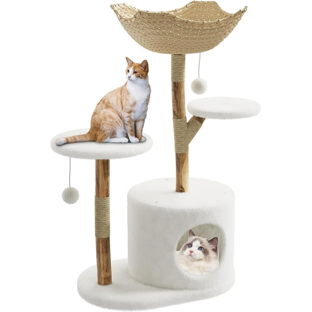 Stylish Feline Tower,Modern Natural Wood Cat Tree with Large Rattan Basket,Scratching Posts,Realistic Branch Design,Rest and Play,There are branches