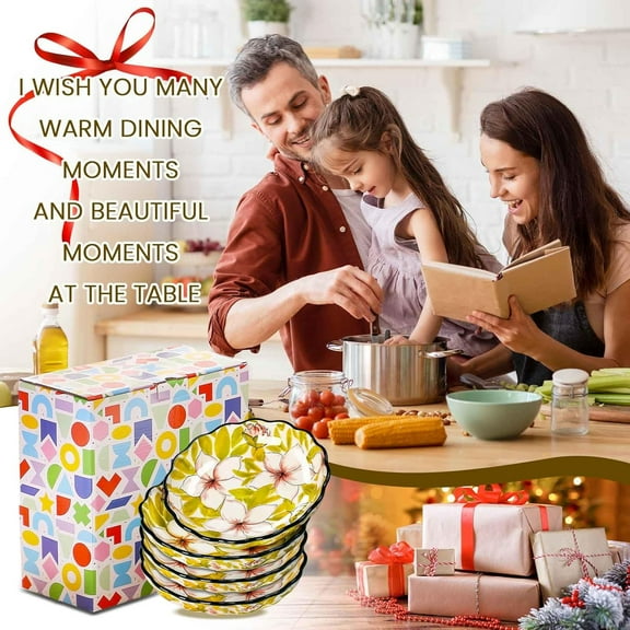 8-Inch Ceramic Dinner Plates Set of 4, Hand-Painted Floral Design, Scalloped Edges, Dishwasher & Microwave Safe