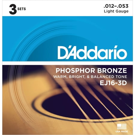 D'Addario EJ16-3D Phosphor Bronze Acoustic Guitar Strings, Light, 3