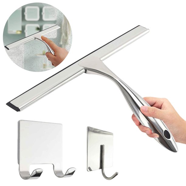 Juego Limpiaparabrisas Acero Inoxidable Limpiaparabrisas para Ventanas Baño Limpiador Balcones (plateado) Corto 14 Pulgadas Plateado Con Gancho + Dos Ganchos Dobles