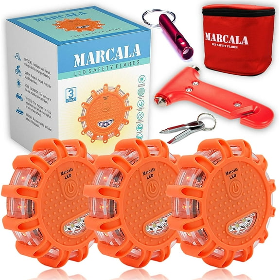 MARCALA Round Eco-Friendly LED Road Flares Complete Kit, 3 Pack