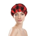 thumbnail image 3 of Kdxio Buffalo Plaid Red Black Print Shower Cap for Women,Elastic and Reusable,Double Waterproof Layers Bathing Hat, 3 of 9