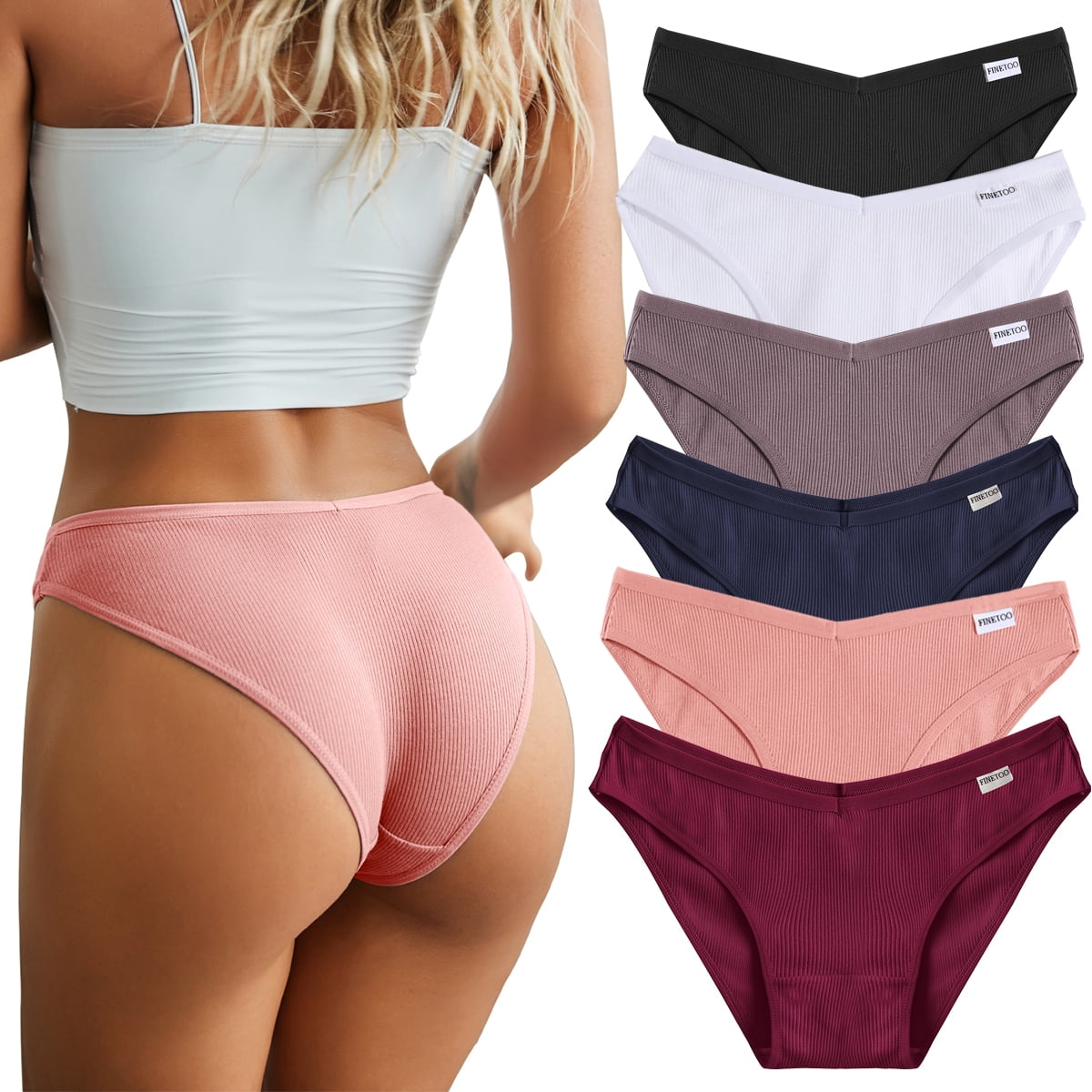 FINETOO 6 Pack Cotton Underwear For Women Cute Low Rise Bikini Rib Cheeky  Panties V-shaped waistband Hipster Lingerie S-XL