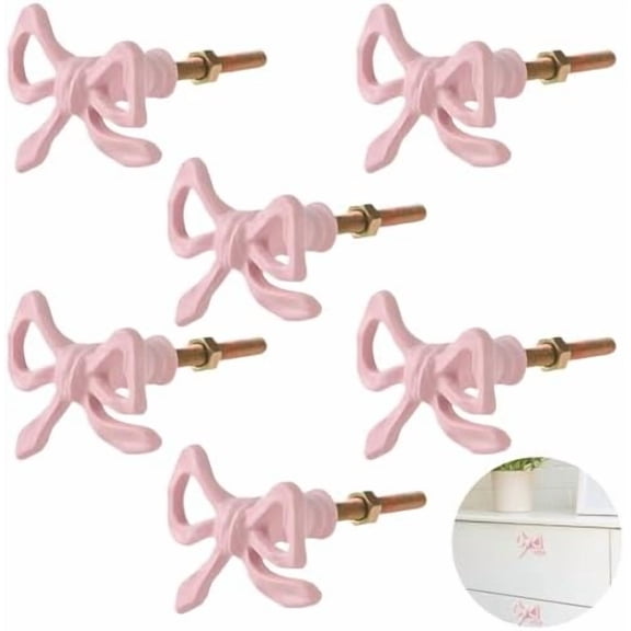 6 Pcs Pink Bow Dresser Knobs Pulls, Vintage Metal Cabinet Handles Drawer Hardware with Screws for Kitchen Cupboard Furniture Chest Door up to 2.2” Thick