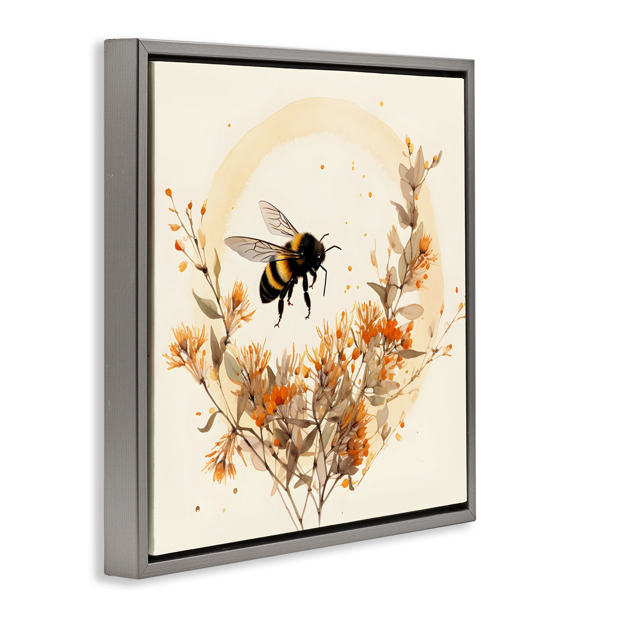 Stupell Industries Bee Florals View Animals & Insects Painting Gray Floater Framed Canvas Art Print Wall Art, 18 x 18