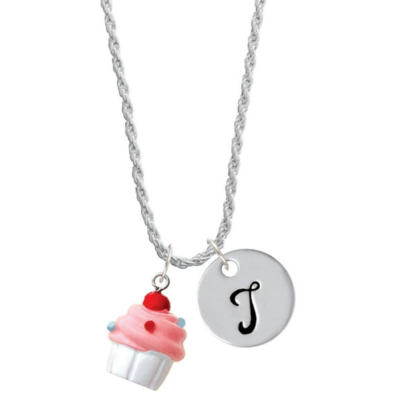 Delight Jewelry Resin White Cupcake with Pink Frosting Silvertone Script Initial Disc - T - Charm Necklace, 20"+3"