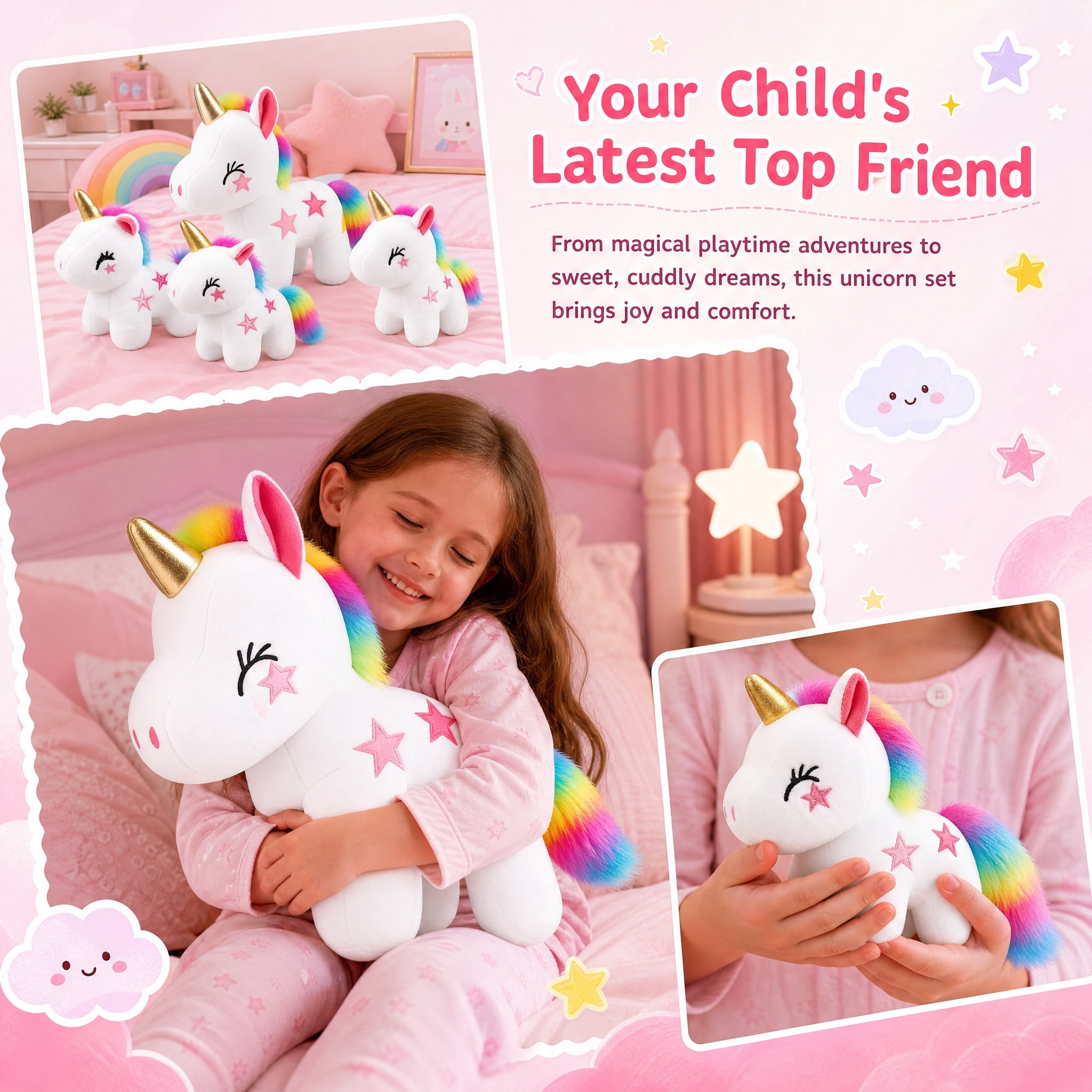 11.8inch Unicorn Stuffed Animals PlaySet- Unicorn Doll Toy Gifts for Girls - Stuffed Mommy Unicorn with 3 Baby Plush Unicorns