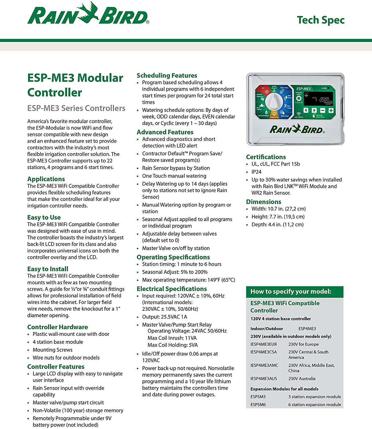 Rain-Bird Controller Indoor Outdoor Lawn Irrigation Sprinkler Timer ESPME3 + WiFi + 2 Modules 