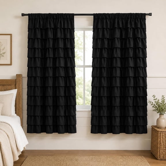 Black Ruffle Curtains 2 Panels, 12-Layer Ruffled Window Panels, Light Filtering Shabby Chic Farmhouse Drapes for Bedroom Dorm Bathroom, Rod Pocket, 38 W x 63 L