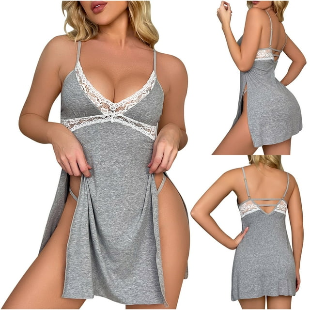 Camisón corto de algodón cómodo para mujer, conjunto de camisón con tirantes y encaje sexy con abertura alta, ropa interior para dormir, camisón para mujer
