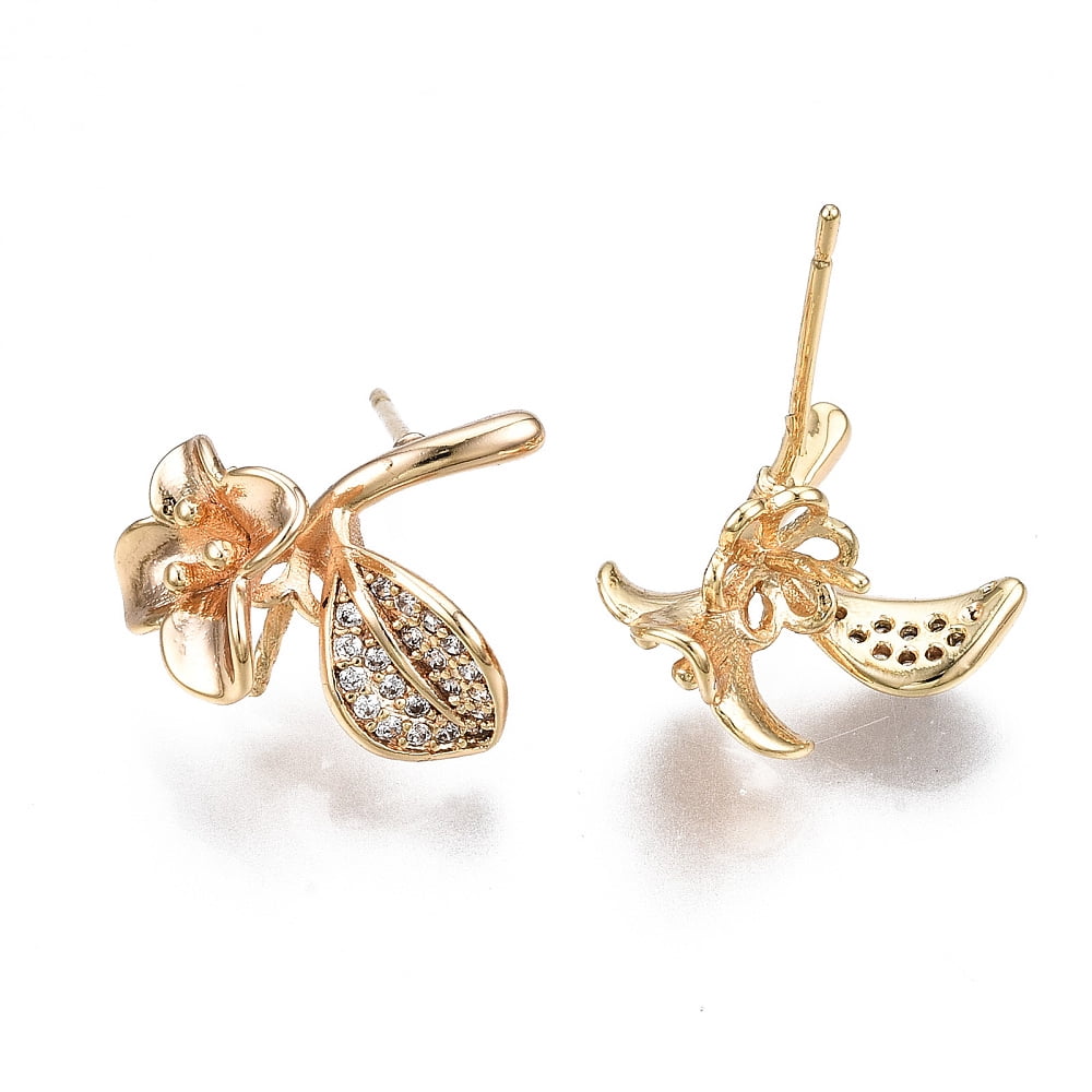 Brass Micro Pave Clear Cubic Zirconia Earring Findings for Half Drilled Beads Nickel Free Flower Real 18K golden Plated 16x14.5mm Pin: 0.7mm pin: 0.7mm(for half drilled beads)
