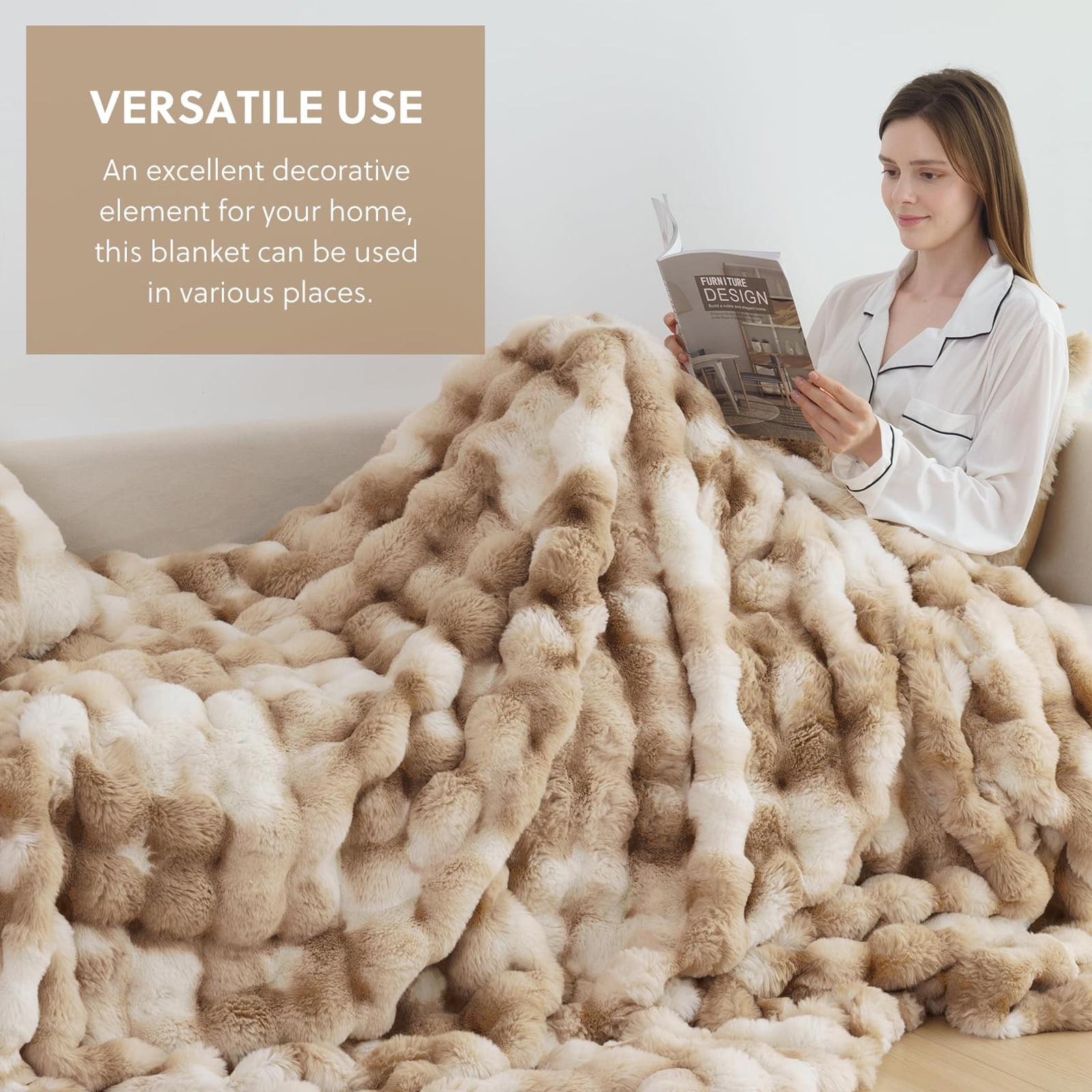 Cozylore Faux Fur Throw Blanket for Bed Luxury Fluffy Thick Bubble Blanket Warm Cozy Throw for Bedroom Living Room, 90" x 108", Tie-Dye Brown