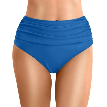 WERYOUNG Women High Waist Bikini Bottoms Swim Briefs Beach Shorts Ruched Bottom High Cut Swim Bottom Full Coverage Sports Yoga Shorts Swimbottom Summer Tropical Vacation Swimwear Versatile Blue L