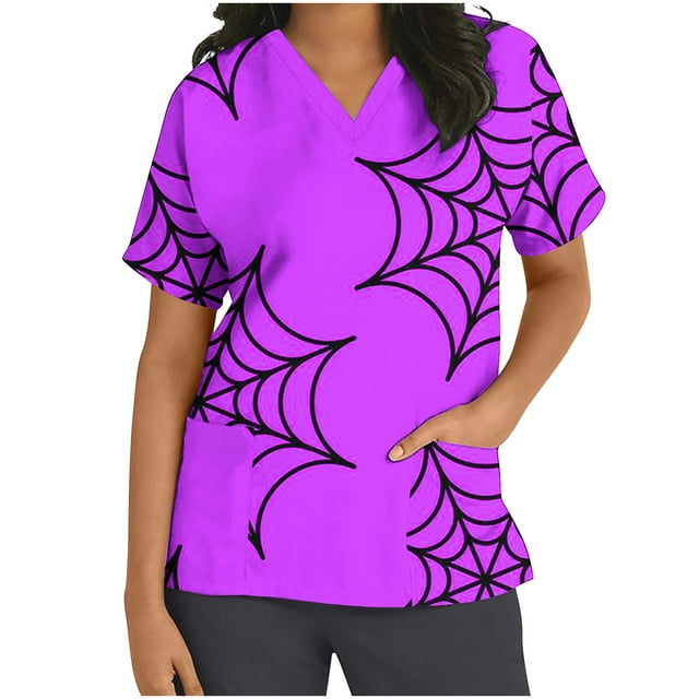 Dvkptbk Sarrau pour Femmes Halloween T-Shirts à Col en V à Manches Courtes pour Femmes Mode Décontractée Halloween Imprimé Citrouille Imprimé Araignée T-Shirts Tenue de Travail Infirmière avec Poches