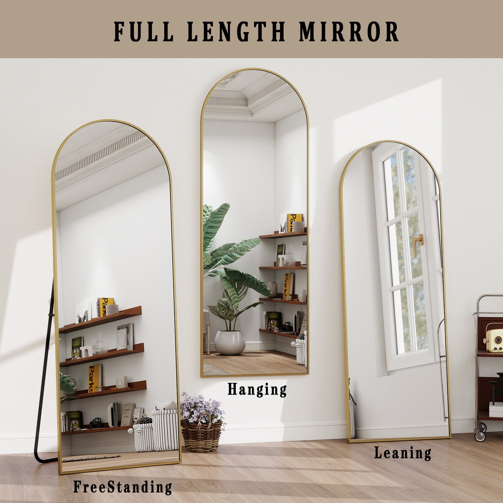 Mirrasia 21"x56" Arched Full Length Mirror, Modern Standing Mirror Floor Mirror, Gold