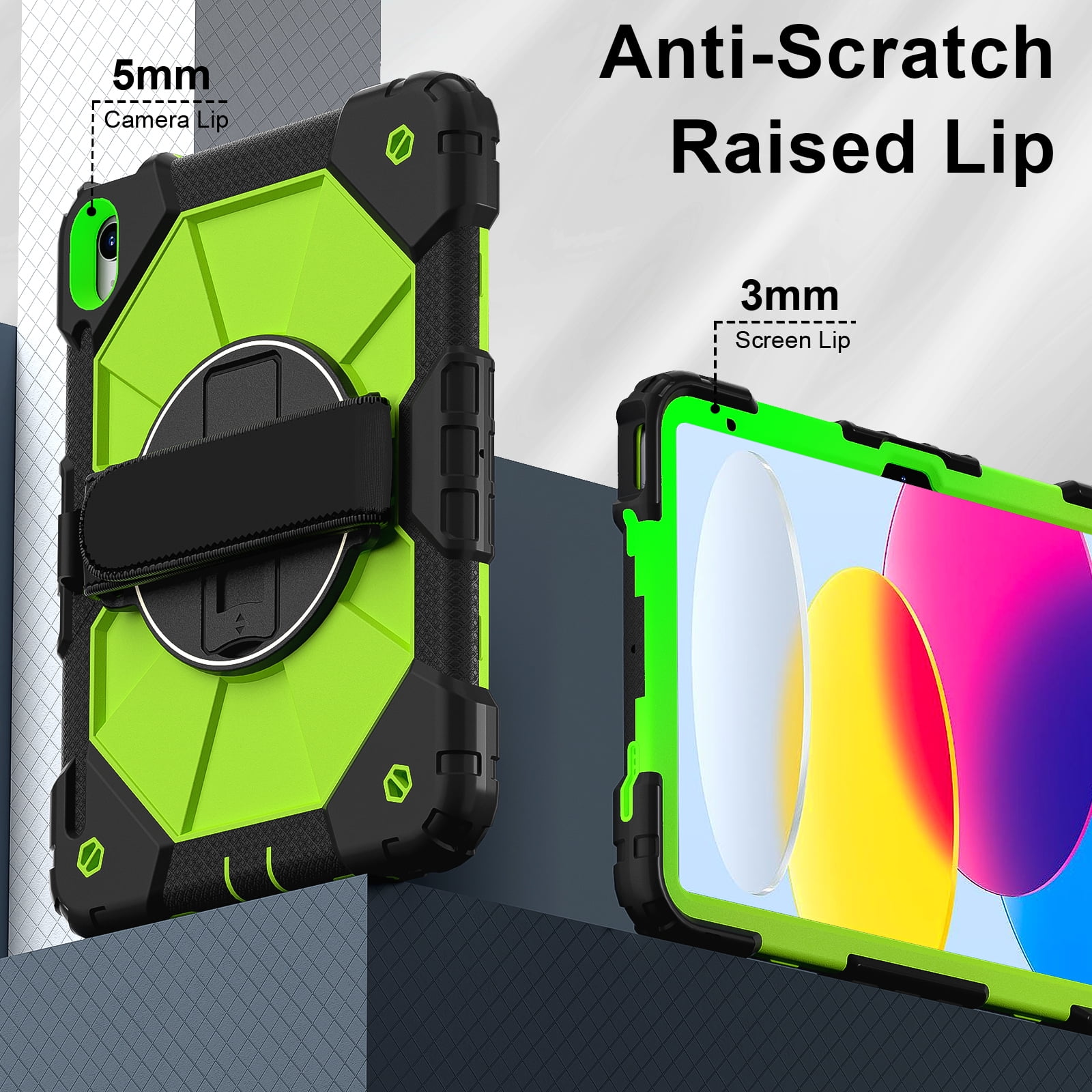 ELEHOLD Rugged Hybrid Case for iPad 11th Gen (A16) 2025 11-inch,with Built-in Kickstand 360° Rotating Handstrap Pencil Holder Crossbody Shoulder Strap Shockproof Heavy Duty Case,Black/Green