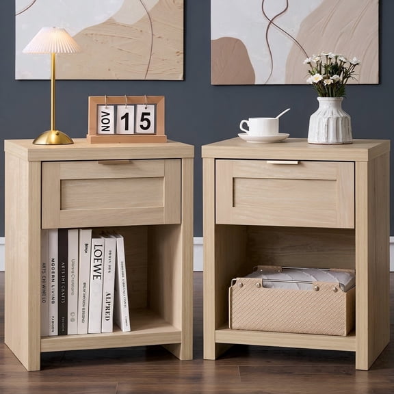 ARKANTOS Nightstands Set of 2, Farmhouse Night Stand Bedside Table with Drawer and Storage Shelf, Wood Side End Table for Bedroom, Living Room, Light Oak