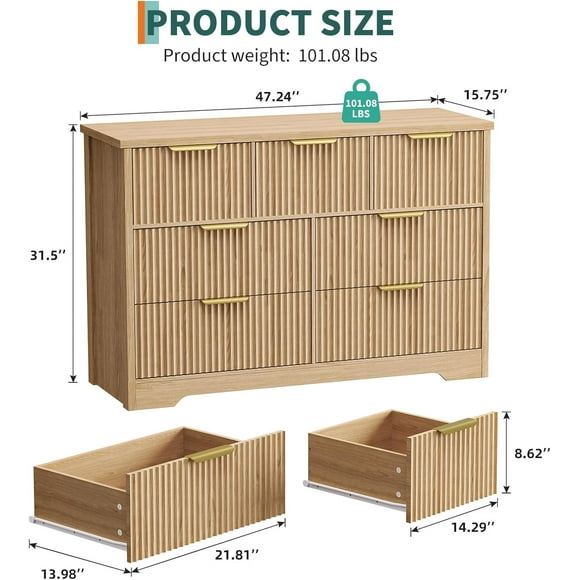 Ourlova Fluted Dresser for Bedroom with 7 Drawers 47.24” Modern Dressers Long Dresser w/ Metal Handle Furniture Dresser TV Stand Wicker Closet Clothes Storage Organizer